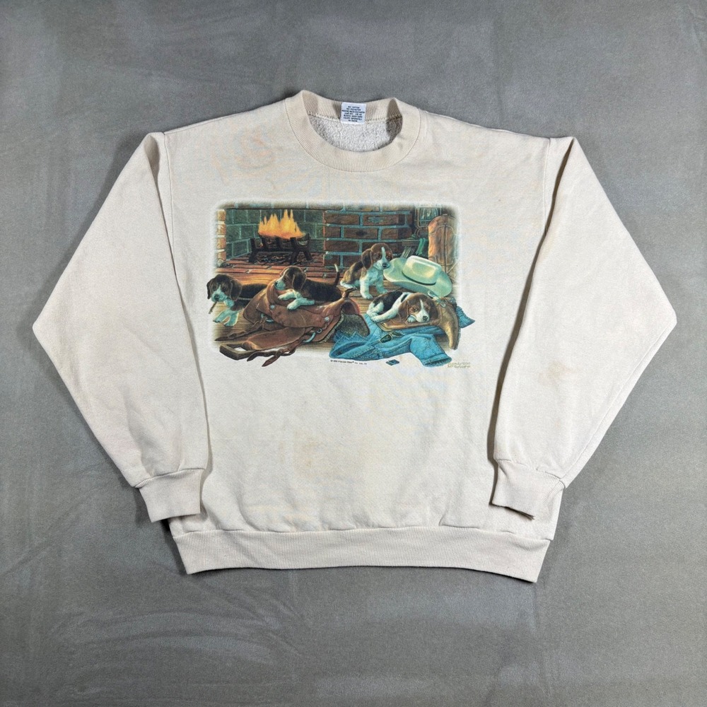 Vintage 90s B-Wear Beagle Puppy Fireplace Sweatshirt Cream Medium USA Made